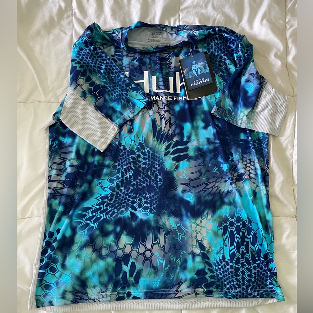HUK kryptek men’s short sleeve blue fishing shirt size large